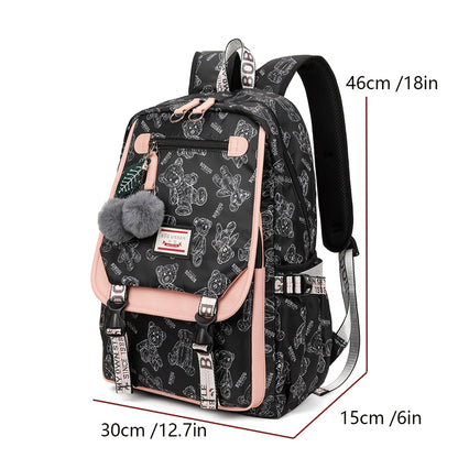 A set of youth vintage printed fashion backpacks, suitable for girls' campus commuting, travel backpack with a capacity of about 25 liters (height about 46cm), can hold a laptop, and the print position is random