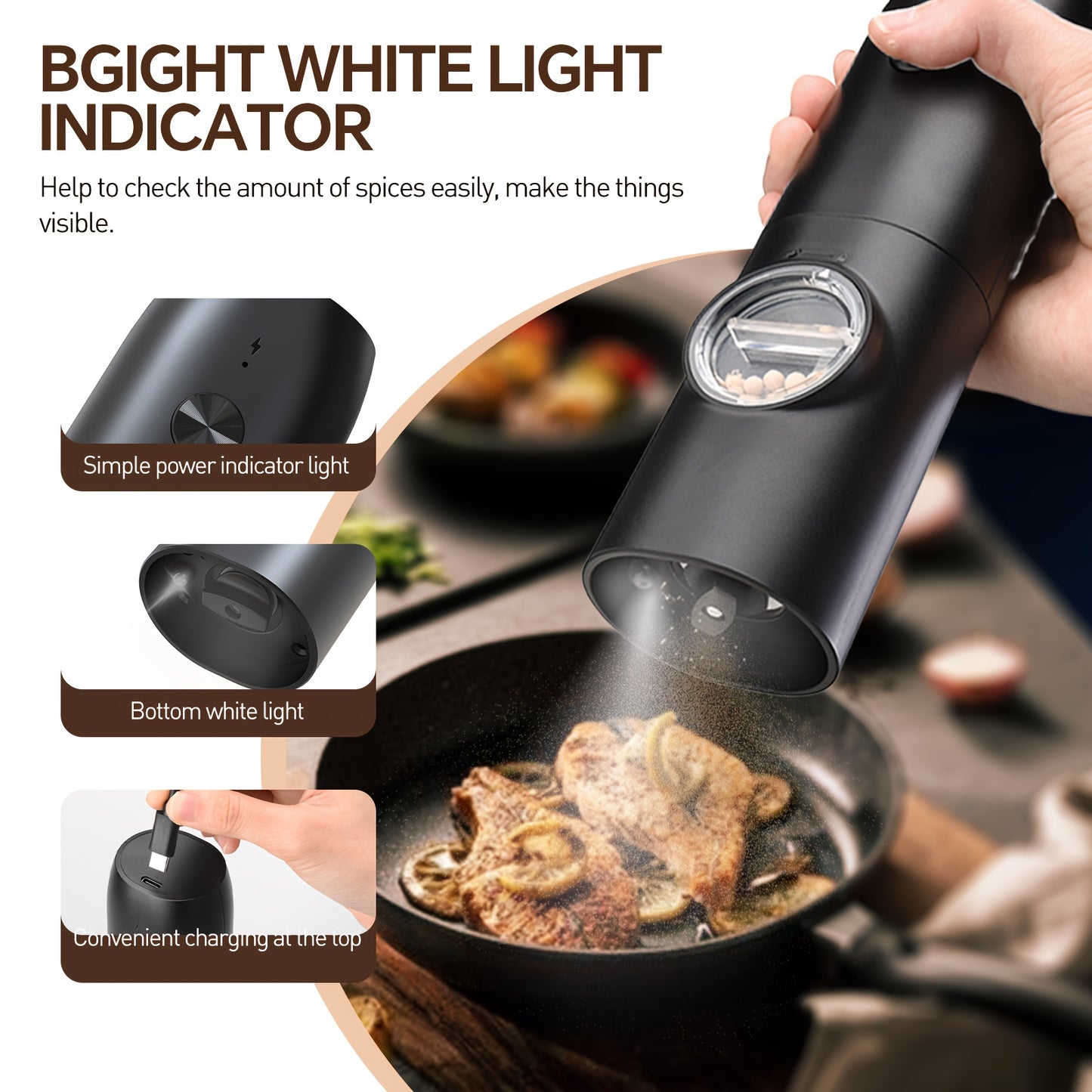 1pc/2pcs Option, Rechargeable Electric Salt And Pepper Grinder, Automatic Salt And Pepper Grinder with LED Light, Adjustable Coarseness, Large Capacity, Suitable for Home Kitchen Barbecue, Restaurant, Outdoor, Wedding Gift