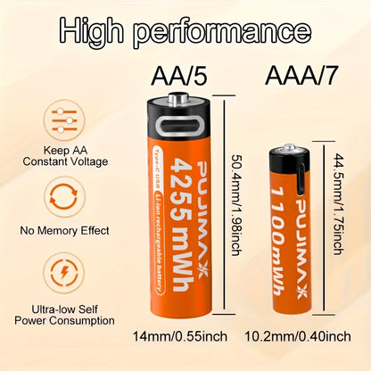 Pacote combinado de pilhas de lítio recarregáveis ​​​​PUJIMAX AA4255mWh + AAA1100mAh, 1,5V, 2+2/4+4/8+8 unidades, compatíveis com 90% dos dispositivos eletrónicos, duráveis ​​e de longa duração, com baixo consumo de energia.