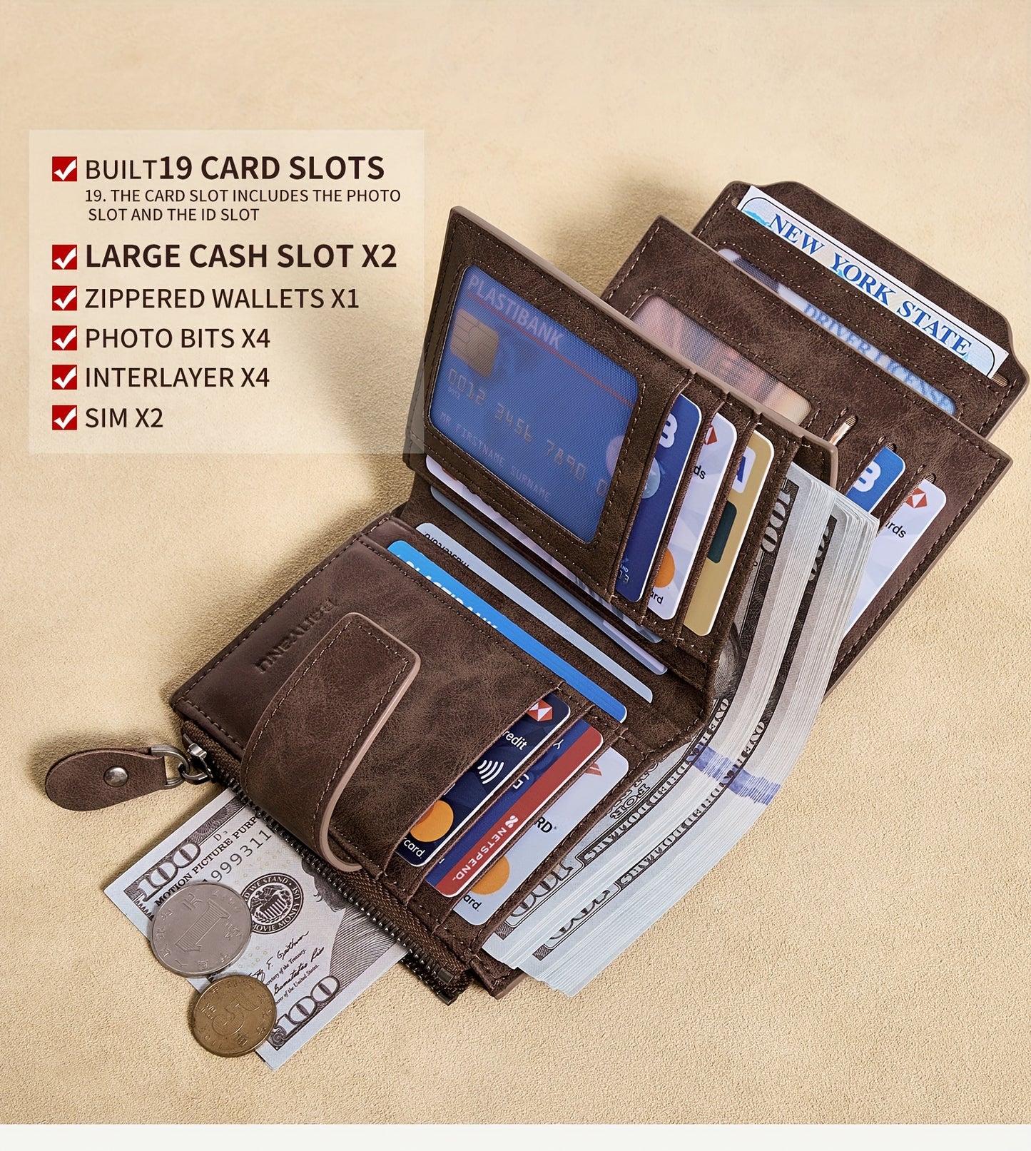 BANYANU Vintage Genuine Leather Wallet for Men - RFID Blocking, 17 Card Slots, Zippered Coin Pocket &amp; Independent Card Holder, Brown, Perfect Father'S Day Gift, Secure Card Storage | Vintage Wallet | Durable Zipper Closure, B