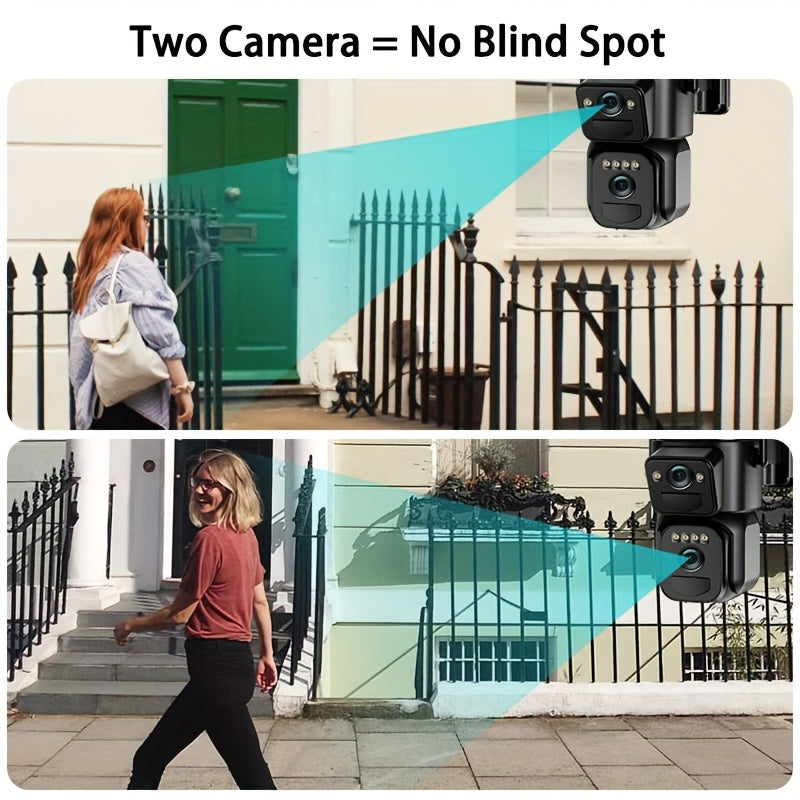 Multifunctional Security Camera with Solar Panel 2K 300W Pixel Video Resolution Wireless Outdoor WiFi Security Monitoring High-definition Dual Lens Automatic Rotation Pan Tilt Night Vision Motion Detection Bidirectional Call