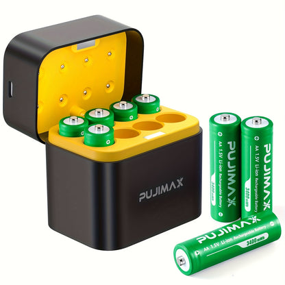 PUJIMAX Rechargeable Lithium Battery 8pcs 3400Mwh High Performance 1.5V Lithium Batteries, Long-Lasting Rechargeable AA Lithium-Ion Batteries And All-In-One Charging Case - 8-Slot Yellow Charging Case. Only Supports 1.5V Rech