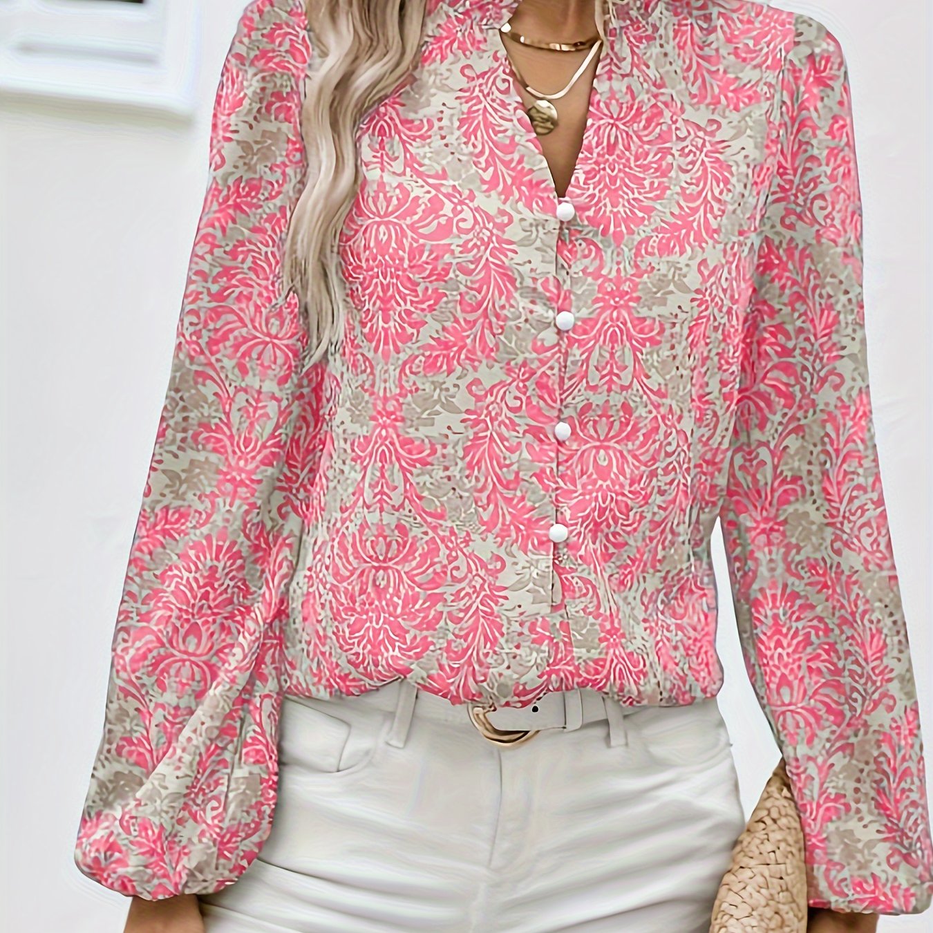 Allover Print Button Front Blouse, Casual Long Sleeve Blouse For Spring & Fall, Women's Clothing