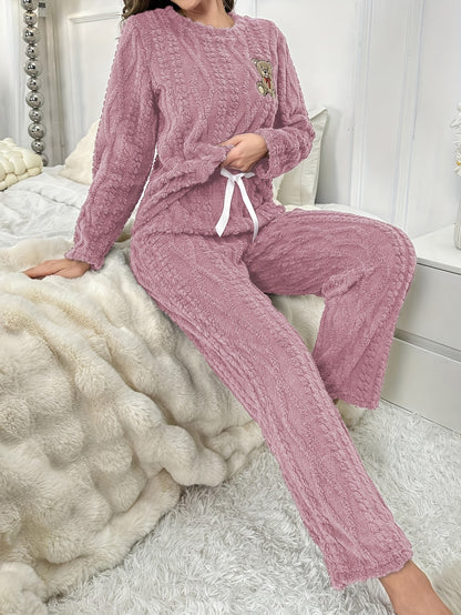 Autumn and Winter Plush Pajamas for Women - Thickened Coral Velvet Long Sleeve Top with Round Neck, Pants Set, Cute Bear Embroidery Cartoon Warm Suit, Comfortable Casual Outfit