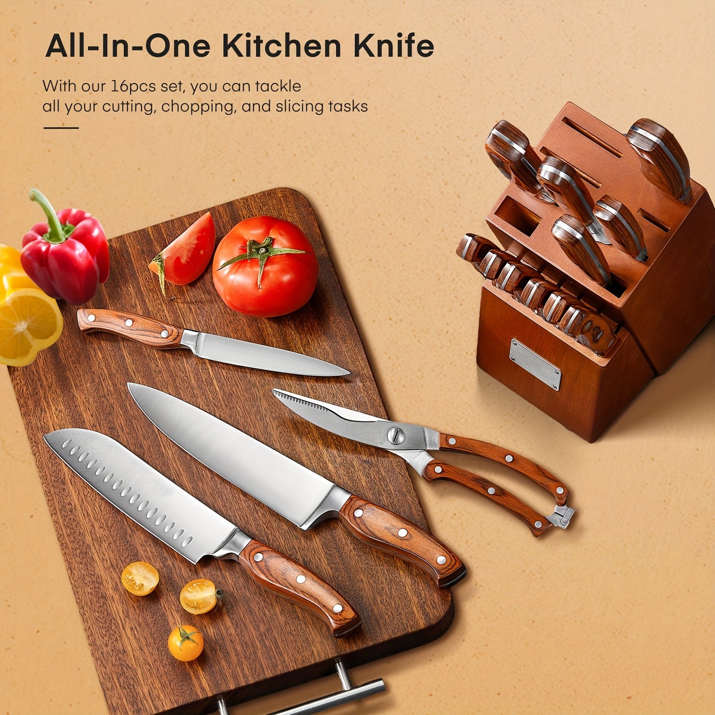 16pcs Knife Set, With Wooden Handle, Stainless Steel Chef'S Knife Set With Wooden Block, Professional Kitchen Knife With Sharpening Steel, Ideal Christmas Gift For Mother, Friend, Brown/Black