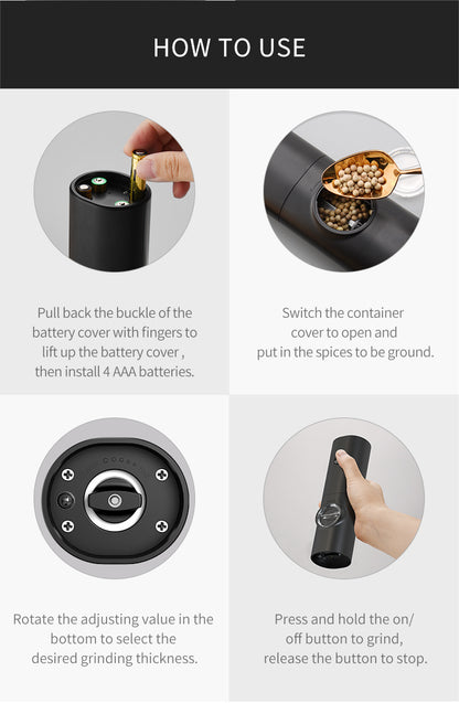 1pc Electric Salt And Pepper Grinder With Adjustable Coarseness Refillable, Pepper Mill, Battery Powered, Kitchen Automatic Grinder, Kitchen Gadgets