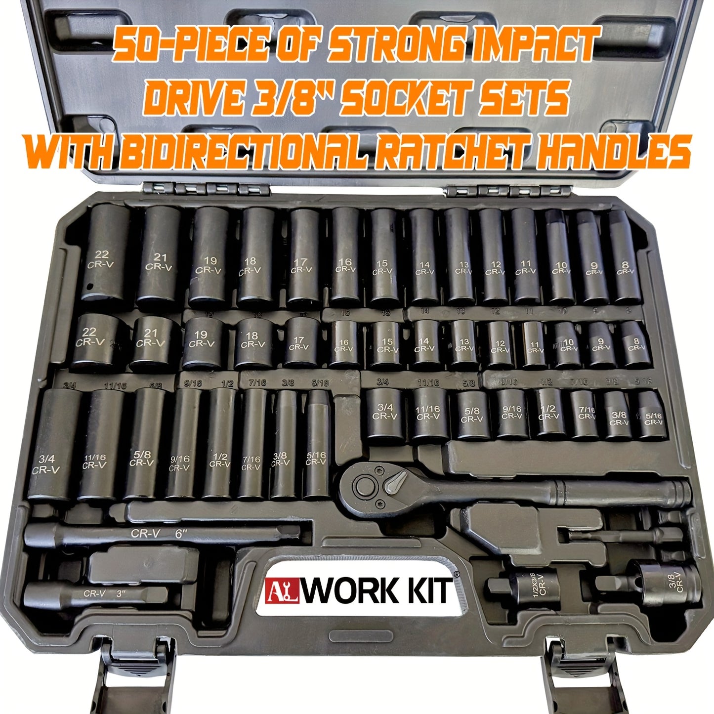 3/8" Drive Impact Socket Set, 6-Point 50pcs Standard Metric (8-22mm) &amp; SAE (5/16-3/4-Inch) CR-V Steel Sockets with Adapters and Tape Handle, Nice Gifts