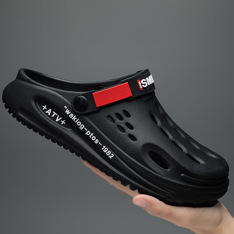 Men's Trendy Thick-Sole EVA Clogs with Alphabet Design - Slip-On, Breathable Garden Shoes with Secure Yellow Strap & "SMN WALKING PROS" Insole Print for Outdoor Comfort, Chunky Shoes