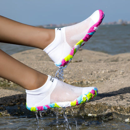 ZVB Women's All-Terrain Water Shoes - Slip- Rubber Sole & Arch, Breathable Quick- Slip-On/Wear, Lightweight Cushioned Insole for Swimming, Yoga, Surfing, Hiking, Beach - All-Season Indoor/ Aquatic Shoes with Elastic Woven Upp