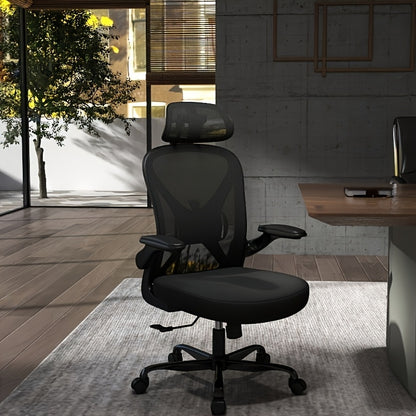 Ergonomic Office Chair with Adjustable Headrest &amp; Lumbar Support, Height-Adjustable Computer Desk Chair with Flip-Up Armrests, 360° Swivel, Breathable Mesh Backrest &amp; Seat, Durable Plastic Frame - Black for Home &amp; Office Use