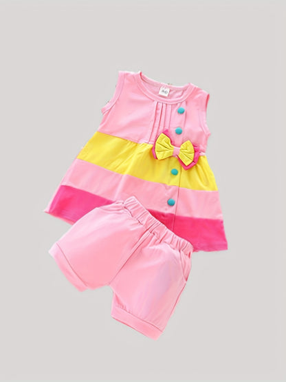 Stylish Color Block Outfit - Cute Bow Puffy Hem Vest & Pocket Shorts Two-piece Set Toddler Baby Clothes Outdoor Clothes Outdoor Suit