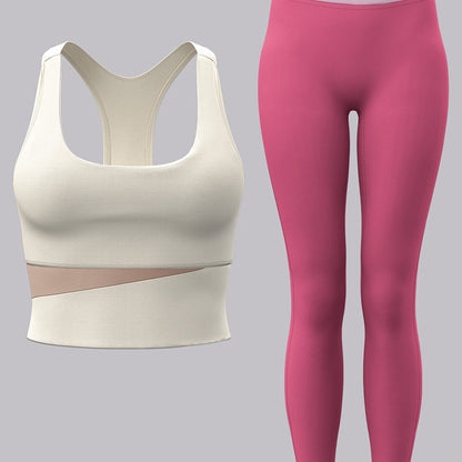 Women's 2-piece sports set with sports bra and leggings, color block design suitable for cycling, fitness, yoga, and running.