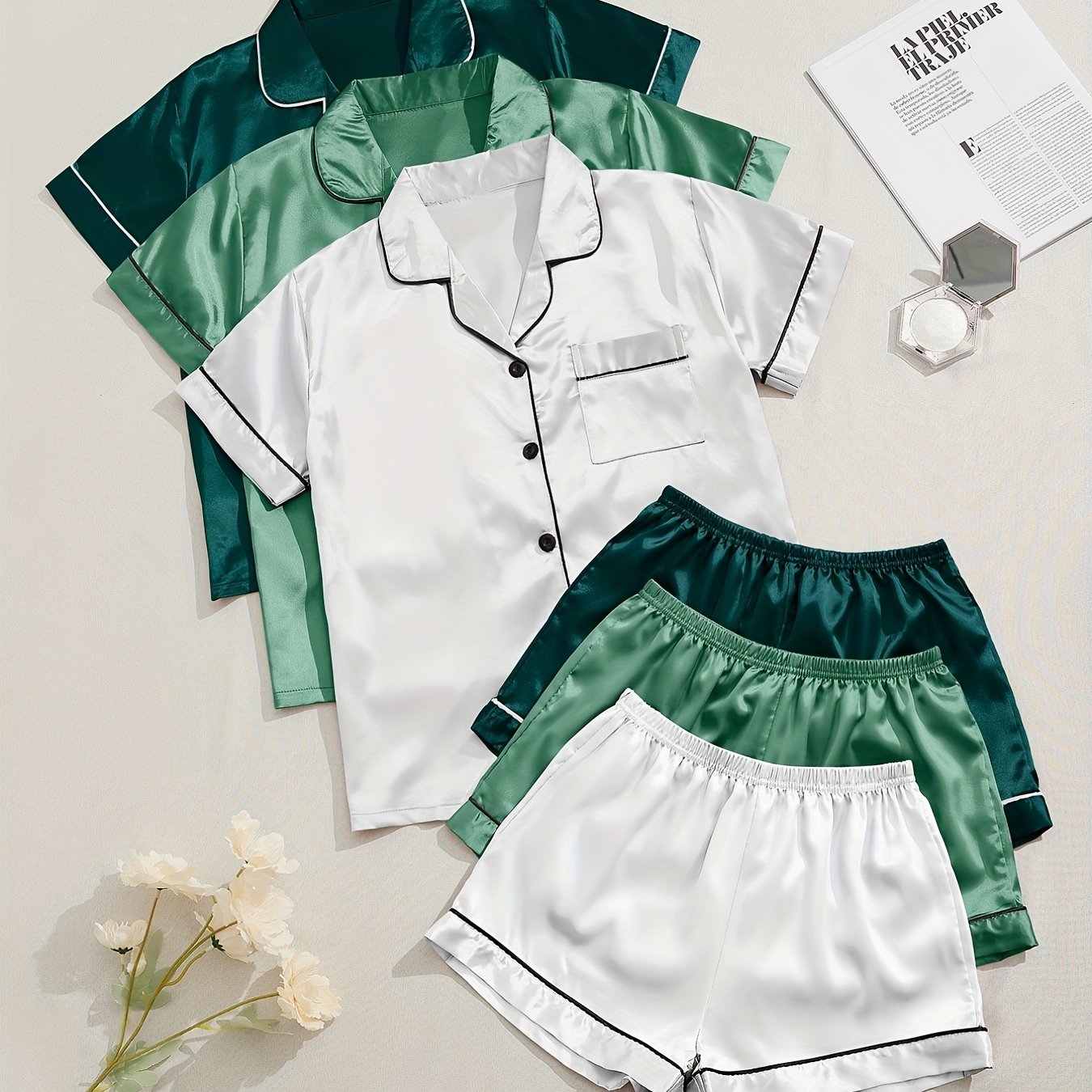 3 Sets Satin Pajama Set, Short Sleeve Lapel Top &amp; Elastic Waistband Shorts, Women's Sleepwear &amp; Loungewear