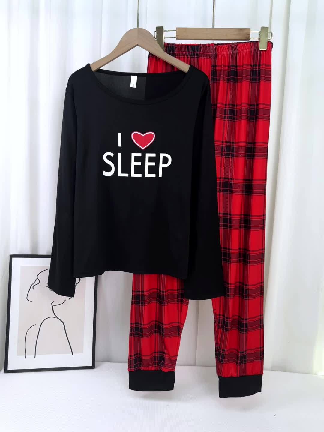 Autumn and Winter Women's Pajama Set with Long Sleeves, Pants, Cute Cartoon Heart Letter Print Plaid Lounge Wear