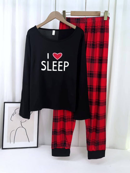Autumn and Winter Women's Pajama Set with Long Sleeves, Pants, Cute Cartoon Heart Letter Print Plaid Lounge Wear
