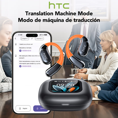 HTC NE27 AI Translation Wireless Earbuds with 134-Language Real-Time Translator, Wireless 6.0, AI- Smart Translator, Noise Cancelling, Transparent Touchscreen Case, Stereo Sound, Long Life for Travel, / Compatible