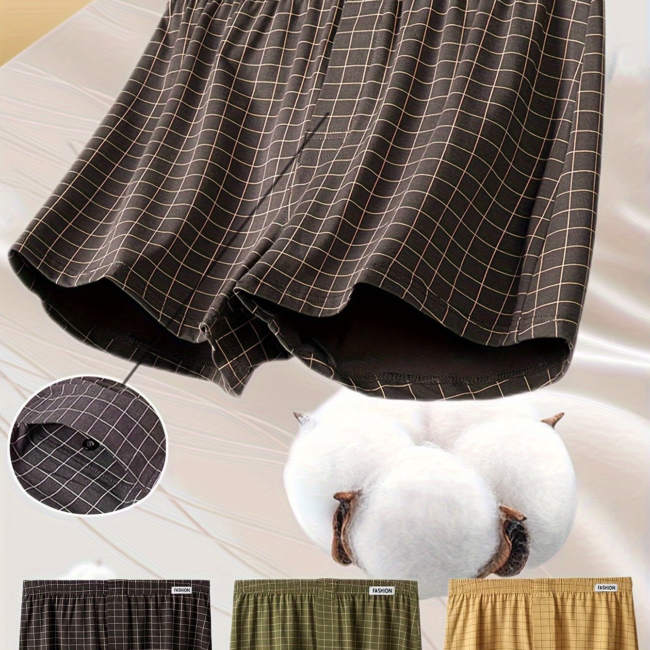 3pcs Men'S Loose Fit Plaid Boxer Briefs - 95% Mid-Rise Athletic Shorts with Elastic Waistband, Breathable &amp; Comfortable for Casual Attire, Black/White/Beige/White/Gray/Beige, Everyday Comfort Shorts | Relaxed Fit Shorts | Med