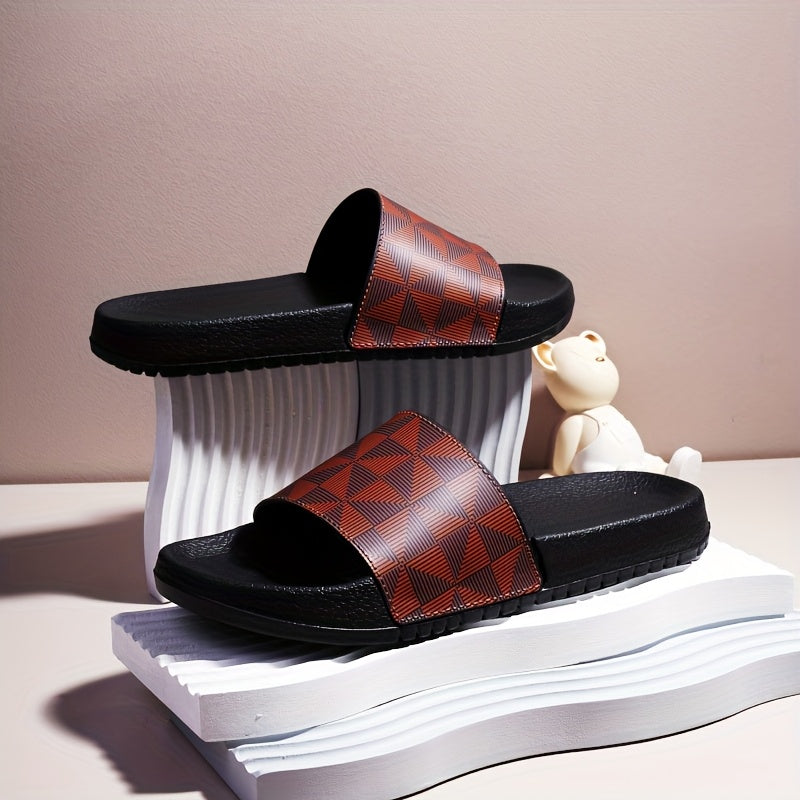 Men's Summer Slide Sandals - Non-Slip Soft Sole Casual Slippers with Geometric Pattern, Black & Gray, Comfortable for Indoor & Outdoor Use