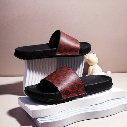 Men's Summer Slide Sandals - Non-Slip Soft Sole Casual Slippers with Geometric Pattern, Black & Gray, Comfortable for Indoor & Outdoor Use