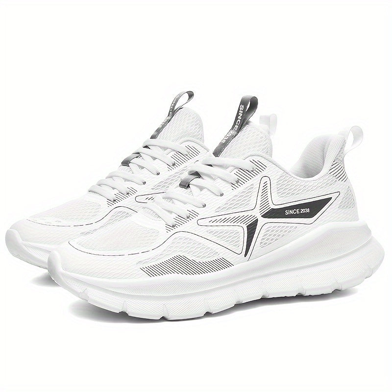 Men's Breathable Running Shoes - Lightweight Cross-Training Sneakers with MD Sole, White & Black Striped Low-Top Design for Gym, Jogging & Casual Wear, Sleek Sporty Look, Cushioned Comfort