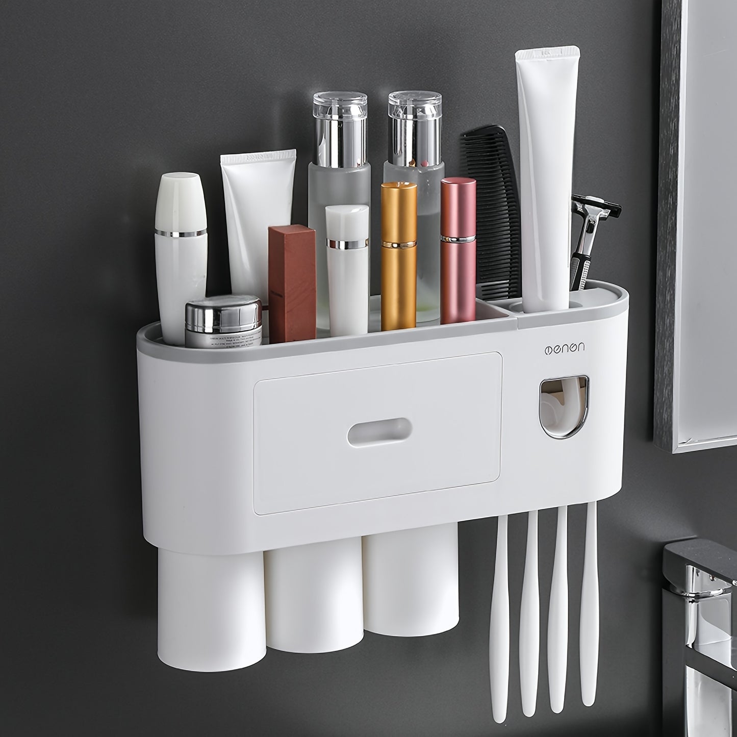 No Drill Adhesive Wall-Mounted Modern White Bathroom Organizer Set with 2-in-1 Magnetic Toothpaste Dispenser & Multi-Tier Storage Shelf - Space-Saving Over Sink Organizer with Suction Cup Hooks, Durable Plastic Construction f