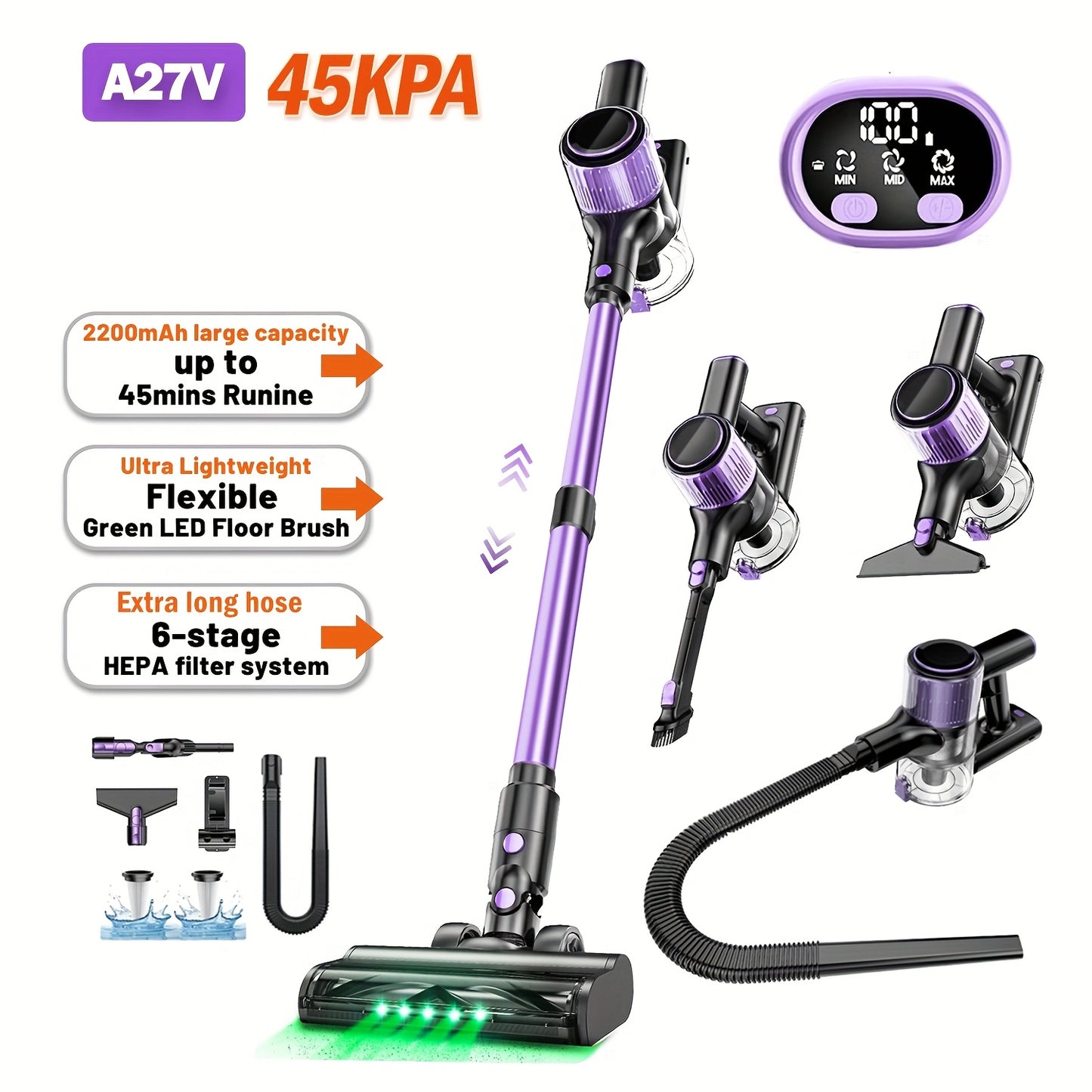 High Suction Home Cordless Vacuum Cleaner, 10-in-1 Multi-Purpose Cane Vacuum Cleaner, 45-Minute Range, 3 Suction Modes with Upgraded Green LED Lights And Tangle-Free Brush for Home, Hardwood Floors, Carpets And Pet Hair.