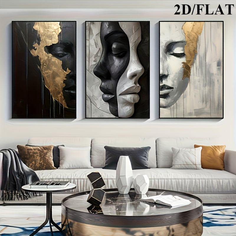 2D/Flat 3pcs Abstract Black and White Elegant Canvas Art with Wooden Frame, Large Wall Decor – Perfect for Living Room, Bedroom, Dining Room, Office – Ideal Halloween &amp; Easter Gift, Flat 2D Design