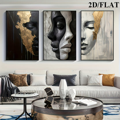 2D/Flat 3pcs Abstract Black and White Elegant Canvas Art with Wooden Frame, Large Wall Decor – Perfect for Living Room, Bedroom, Dining Room, Office – Ideal Halloween &amp; Easter Gift, Flat 2D Design