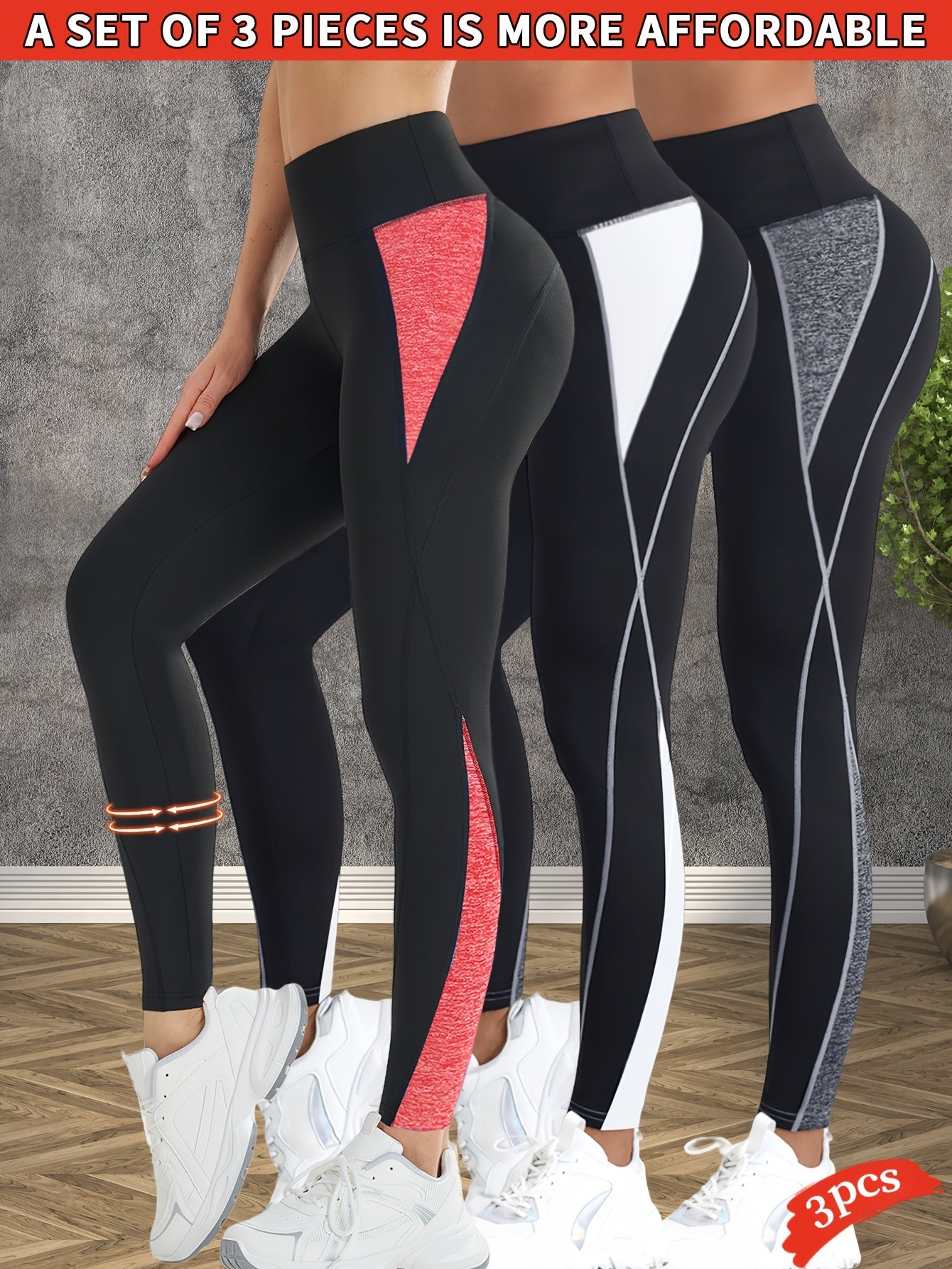 3-Pack Women's High-Waisted Yoga Pants - Tummy Control Butt-Lifting Workout Leggings, Breathable Stretchy Fitness Pants with Color-Block Design for Gym Running Training, Spring Summer Fall Essentials, Seasonal Activewear, Con