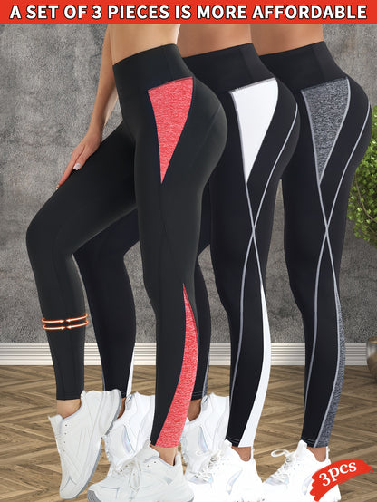 3-Pack Women's High-Waisted Yoga Pants - Tummy Control Butt-Lifting Workout Leggings, Breathable Stretchy Fitness Pants with Color-Block Design for Gym Running Training, Spring Summer Fall Essentials, Seasonal Activewear, Con