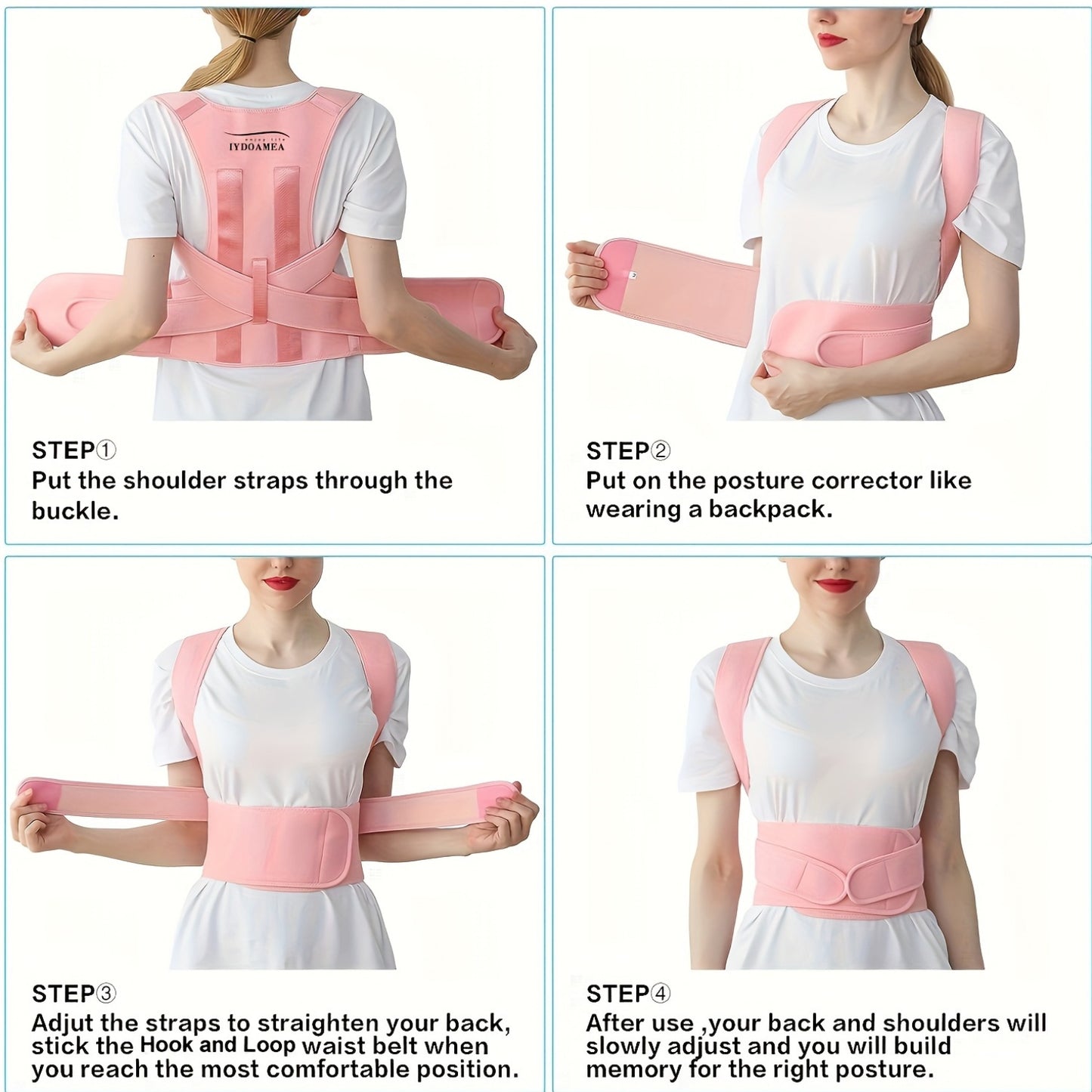 Corretor de Postura Feminino IYDOAMEA - Cinta Lombar Ajustável com Tecido Respirável, Design Ergonómico para Uso no Escritório, Viagens e em Casa, Rosa, Confortável e Durável, Design Elegante