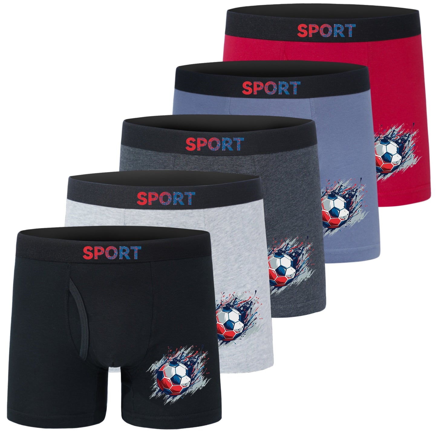 5pcs Football Print Boxer Briefs for Teen Boys - Breathable, Stretchy, Comfort Fit with Elastic Waistband & Half-Button Closure, Black with White & Red Soccer Design, Sports Underwear, Youth Athletic Wear, Sporty Boxers, Brea