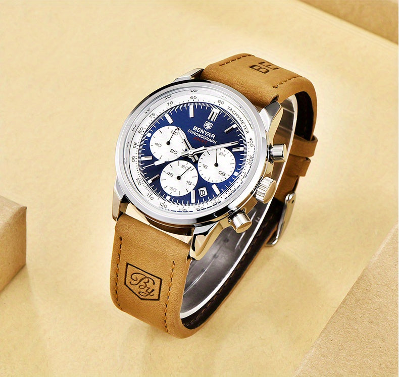 BENYAR Top Brand Men's Watches Sport For Men Multifunction Chronograph Black Fashion Quartz Wristwatches Calendar With Leather Strap