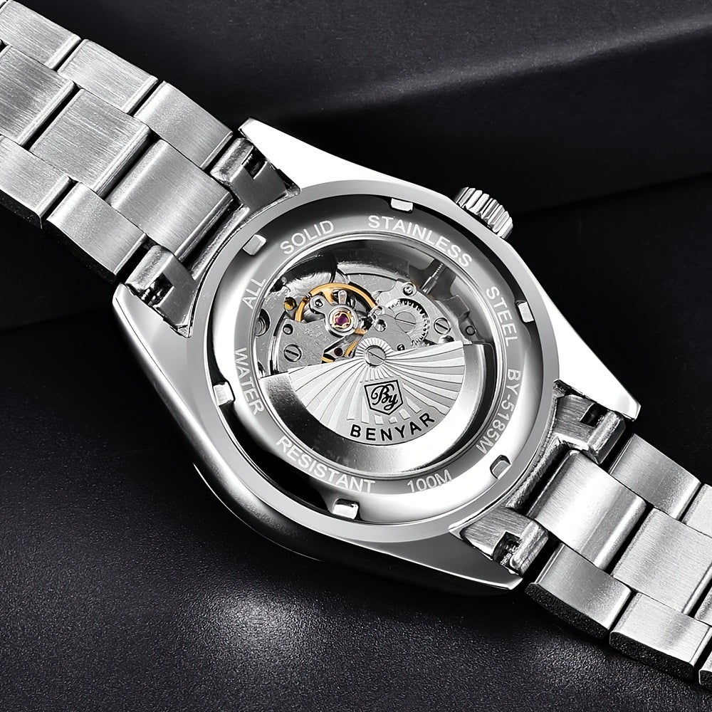 1pc BENYAR Men's Mechanical Wristwatch, 10Bar Waterproof Automatic Watch, Stainless Steel Sports Diving Watch For Men, Ideal choice for Gifts