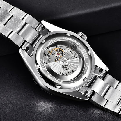 1pc BENYAR Men's Mechanical Wristwatch, 10Bar Waterproof Automatic Watch, Stainless Steel Sports Diving Watch For Men, Ideal choice for Gifts