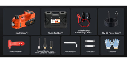 Macaco hidráulico reforçado de 12V e 5 toneladas (elevação de 15,5 a 45 cm) com compressor de ar e luz LED | Sistema de elevação sem fios para automóveis, SUV e camiões, troca de pneus e reparações em oficinas mecânicas.