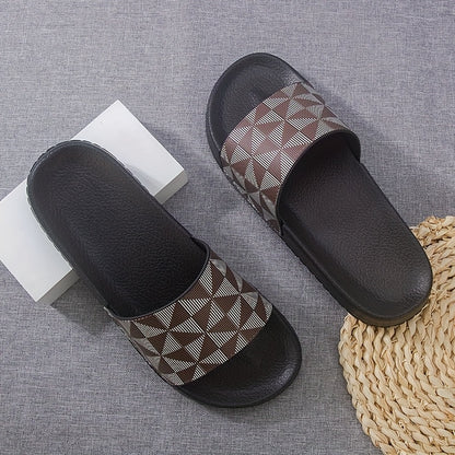Men's Summer Slide Sandals - Non-Slip Soft Sole Casual Slippers with Geometric Pattern, Black & Gray, Comfortable for Indoor & Outdoor Use