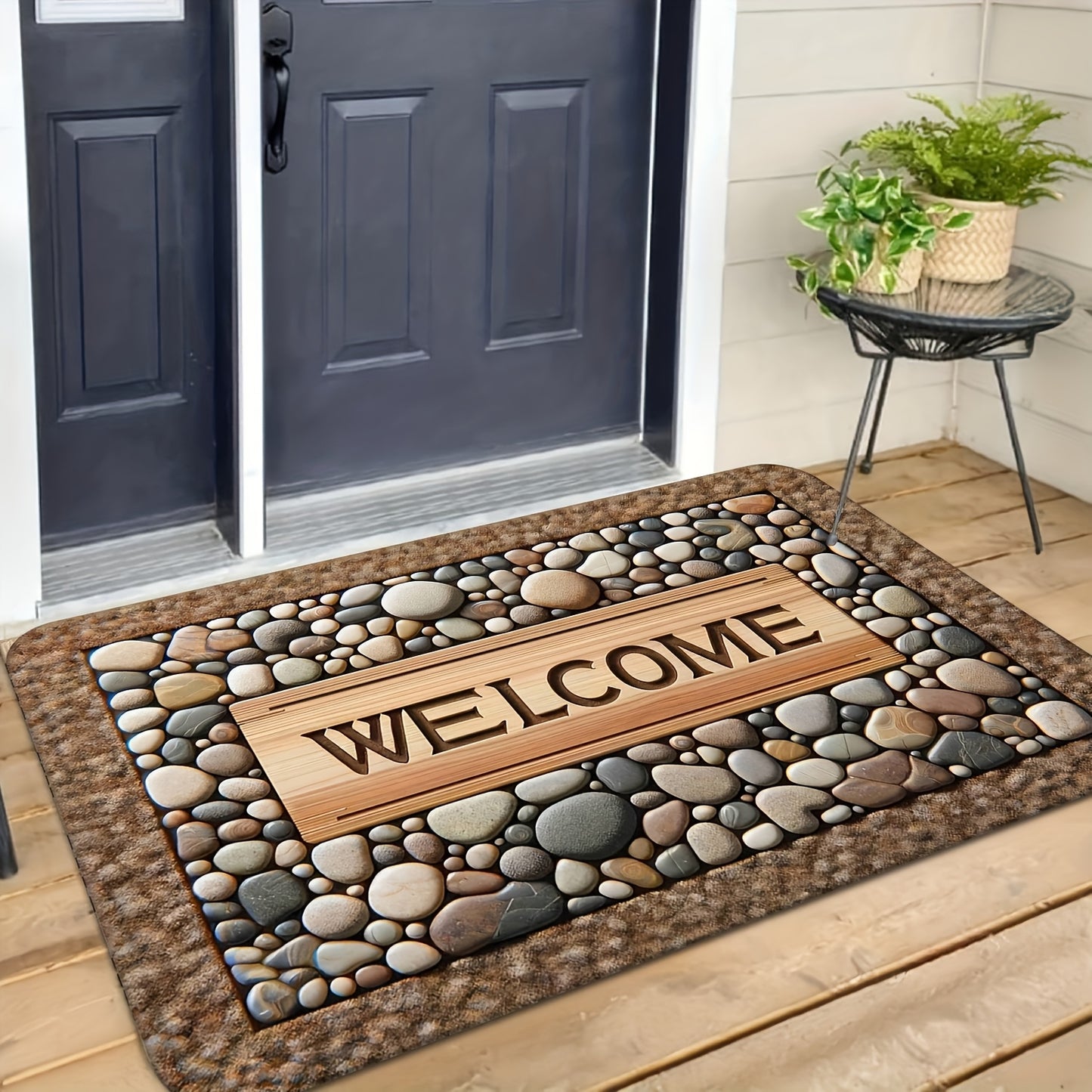 2D Welcome Home Non-Slip Door Mat - Durable, Machine Washable Mat with Stone Pattern &amp; Wood Texture Design - Perfect for Farmhouse Decor, All-Season Use, Polyester Material, Welcoming Entrance Mat | Natural Look Rug | Wooden