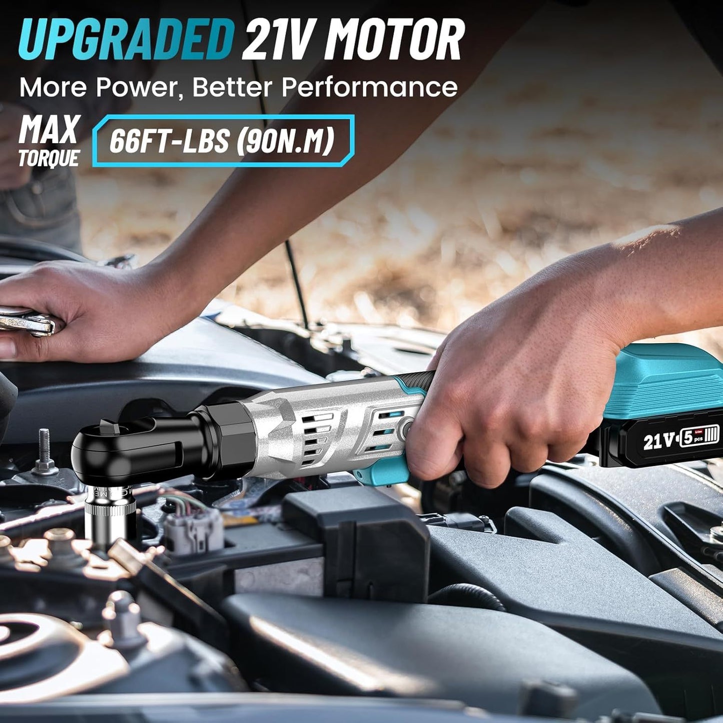 Chave de roquete sem fios Seesii 3/8", 90 N.m 200 RPM, chave de roquete elétrica de 200 RPM e 90 N.m, 2 baterias de 2,0 A e carregador, gatilho de velocidade variável, 8 tomadas, adaptador de 1/4" e 1/2", barra de extensão de 3".