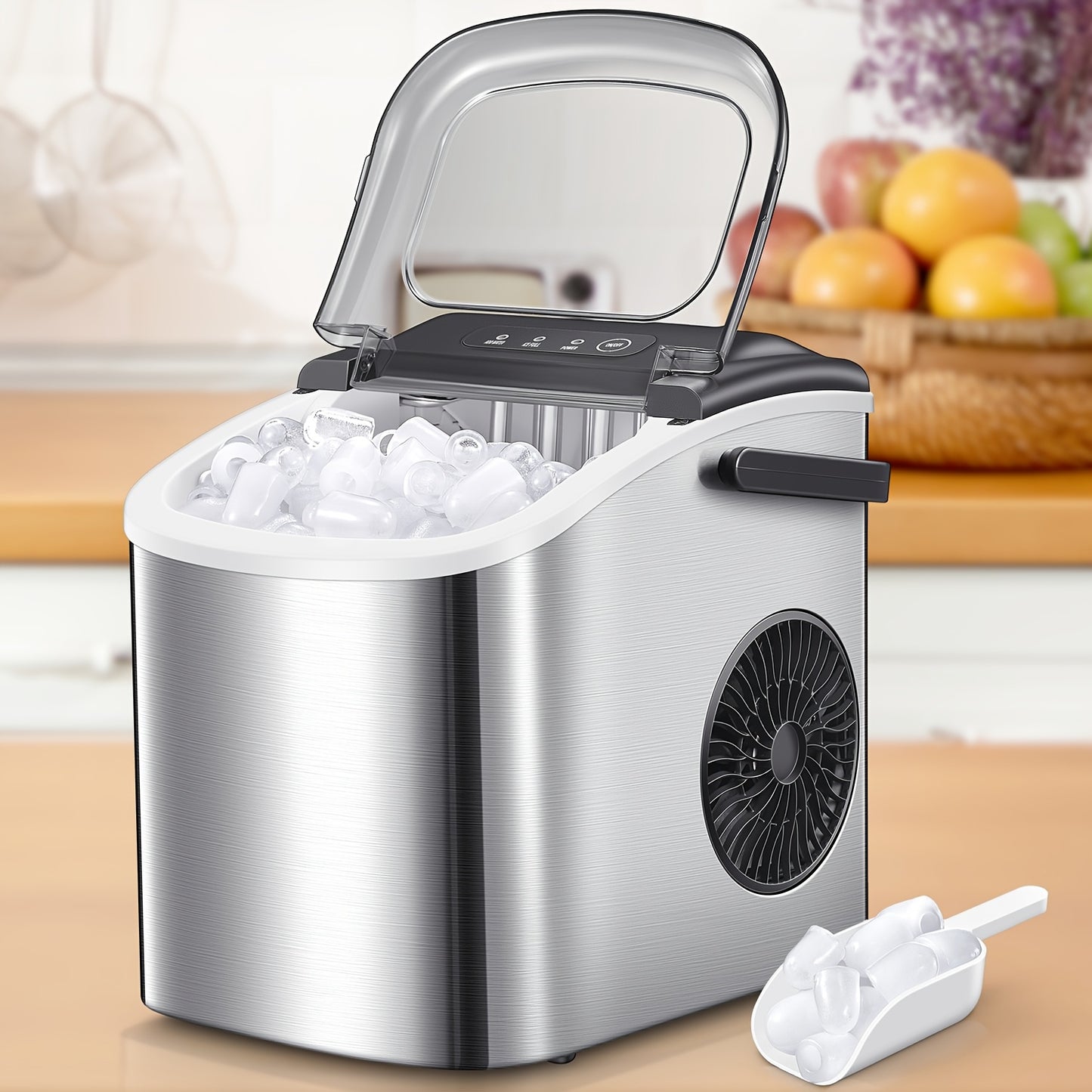 Máquina de gelo portátil, para bancada, produz 9 cubos de gelo em 6 minutos, 12 kg em 24 horas, inclui pá e cesto para gelo, ideal para casa, cozinha ou escritório, em aço inoxidável.