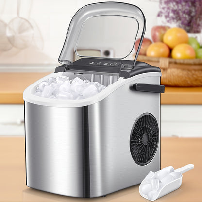Máquina de gelo portátil, para bancada, produz 9 cubos de gelo em 6 minutos, 12 kg em 24 horas, inclui pá e cesto para gelo, ideal para casa, cozinha ou escritório, em aço inoxidável.