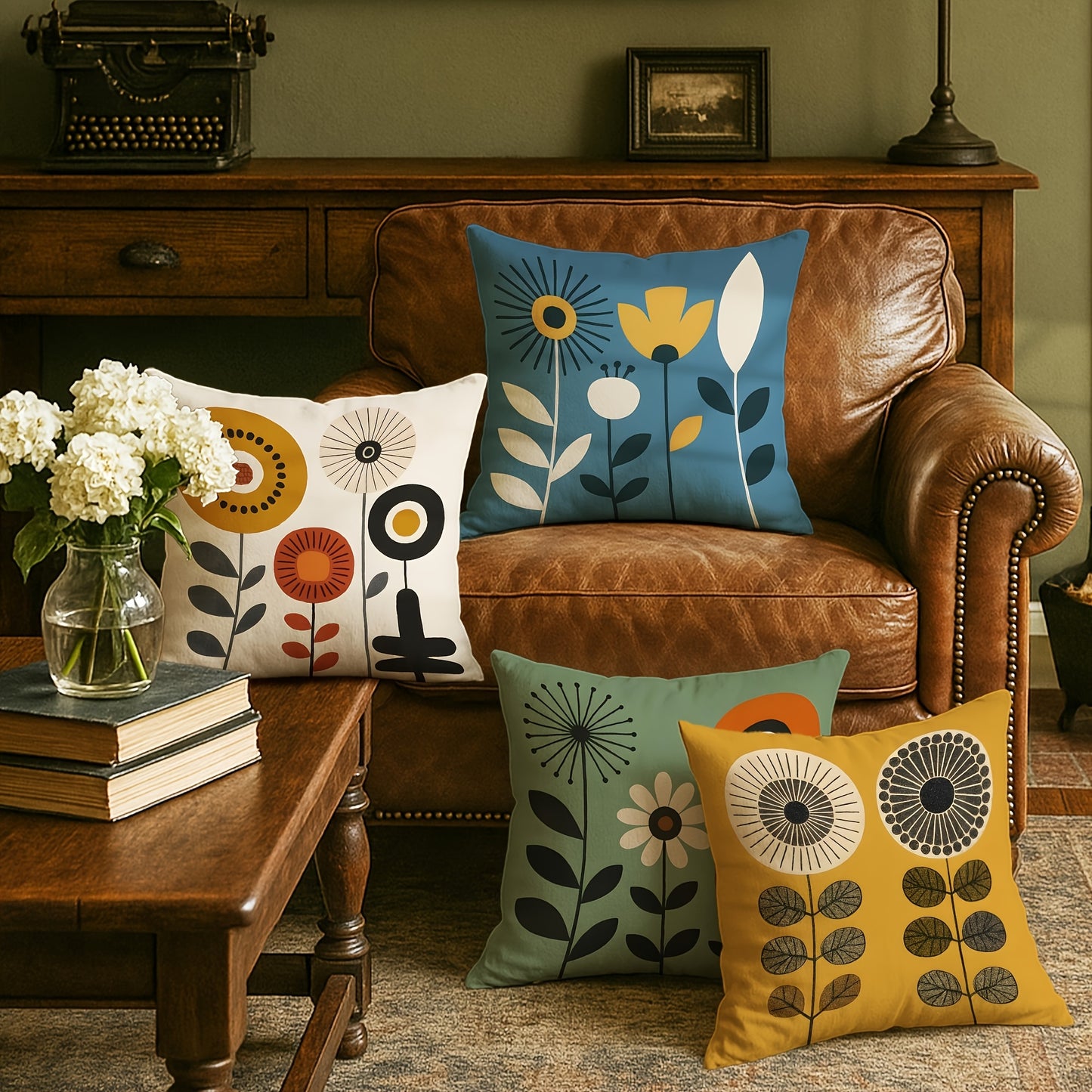 4pcs Vibrant Floral Plush Pillow Covers - Modern Abstract Design in Yellow, Blue, Green with Daisies & Vases, Soft & Cozy Decorative Cushion Cases for Living Room, Bedroom, Sofa - Machine Washable, Zipper Closure, No Inserts,