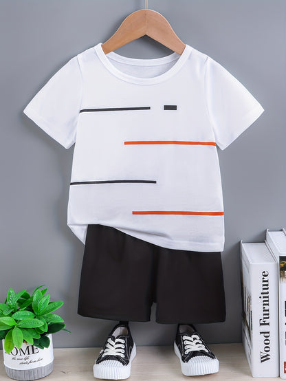 2pcs Set of Boys' Summer Striped Print Round Neck Short Sleeve T-shirt and Casual Shorts