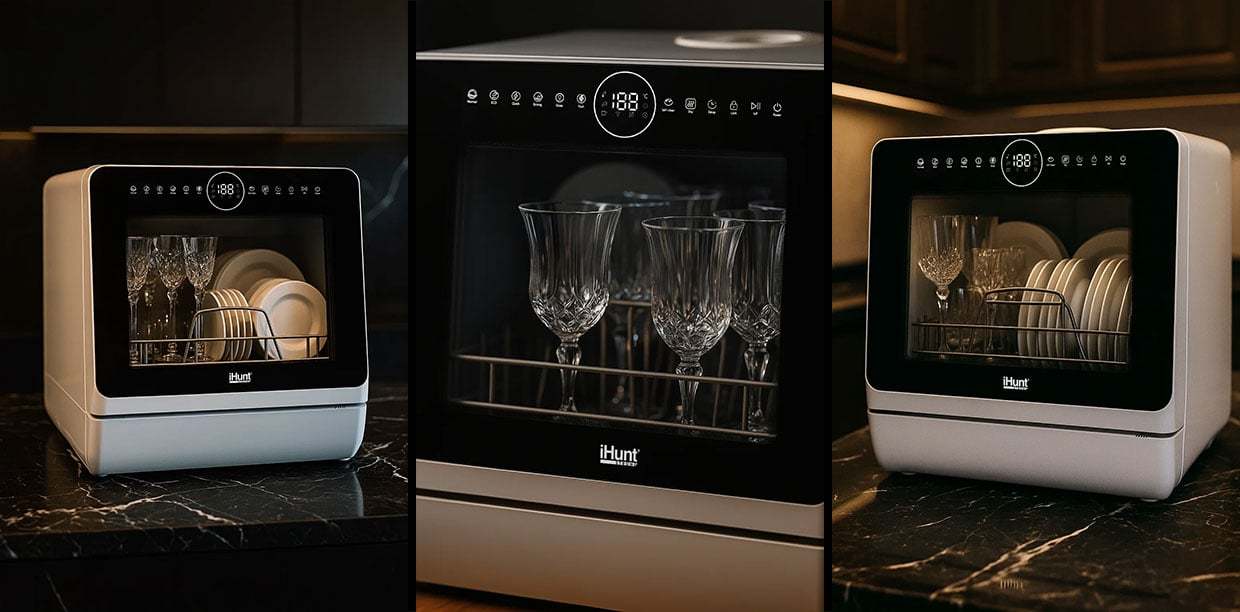 Compact Ihunt Bro Dishwasher Xpert, Turbo Clean, 950W, Drain Pump, Digital Control, Class B, 6 Programs, Heating / Drying, Water Supply Tap / Manual, 5L Water Reserve, 45Cm, White