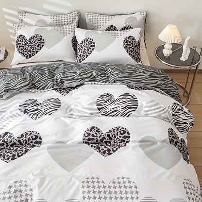 3pcs Love Leopard Print Multicolor Printed Duvet Cover Set, Polyester, All-Season, Zipper Closure, Woven Fabric, with Pillowcase, Machine Washable, Printing, Sanded Finish, 90g Fabric Weight, Non-Woven Fabric, Duvet Insert No