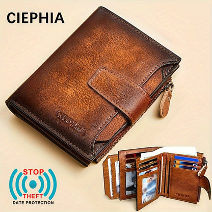 1pc CIEPHIA Men's Genuine Leather Wallet - RFID Blocking -Theft, Vintage Brown (Dark tan/, with Zipper Closure, 17-Card Holder, Coin Pocket, ID Window, Multi-Compartment - Heavy-Duty Full-Feature Wallet for Men, Ideal Gift fo