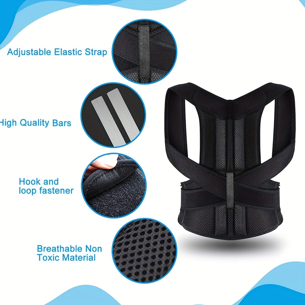 Black Adult Back Support Belt | Adjustable Upper-Back Posture Corrector with Shoulder Straps and Lumbar Pad, Invisible Spine Brace for & – Ergonomic Design