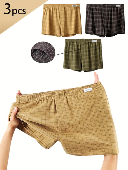3pcs Men'S Loose Fit Plaid Boxer Briefs - 95% Mid-Rise Athletic Shorts with Elastic Waistband, Breathable &amp; Comfortable for Casual Attire, Black/White/Beige/White/Gray/Beige, Everyday Comfort Shorts | Relaxed Fit Shorts | Med