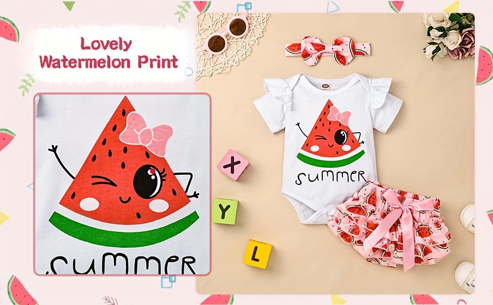 Conjunto de Roupa Infantil para Bebé Menina com Estampado de Abacate: Macacão, Calções e Fita para o Cabelo - 3 Peças - Ideal para o Verão e Atividades ao Ar Livre