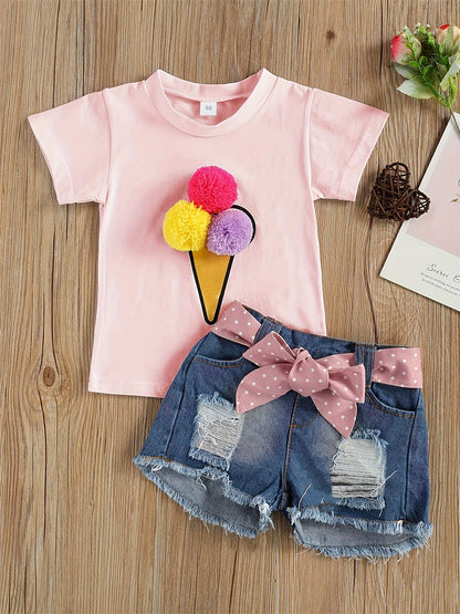 Adorable Girls' Ice Cream Print Short Sleeve Tee & Ripped Denim Shorts Set with Pink Bow Accent - Stretchy, Breathable Summer Outfit for Casual Wear, Perfect for Outdoor